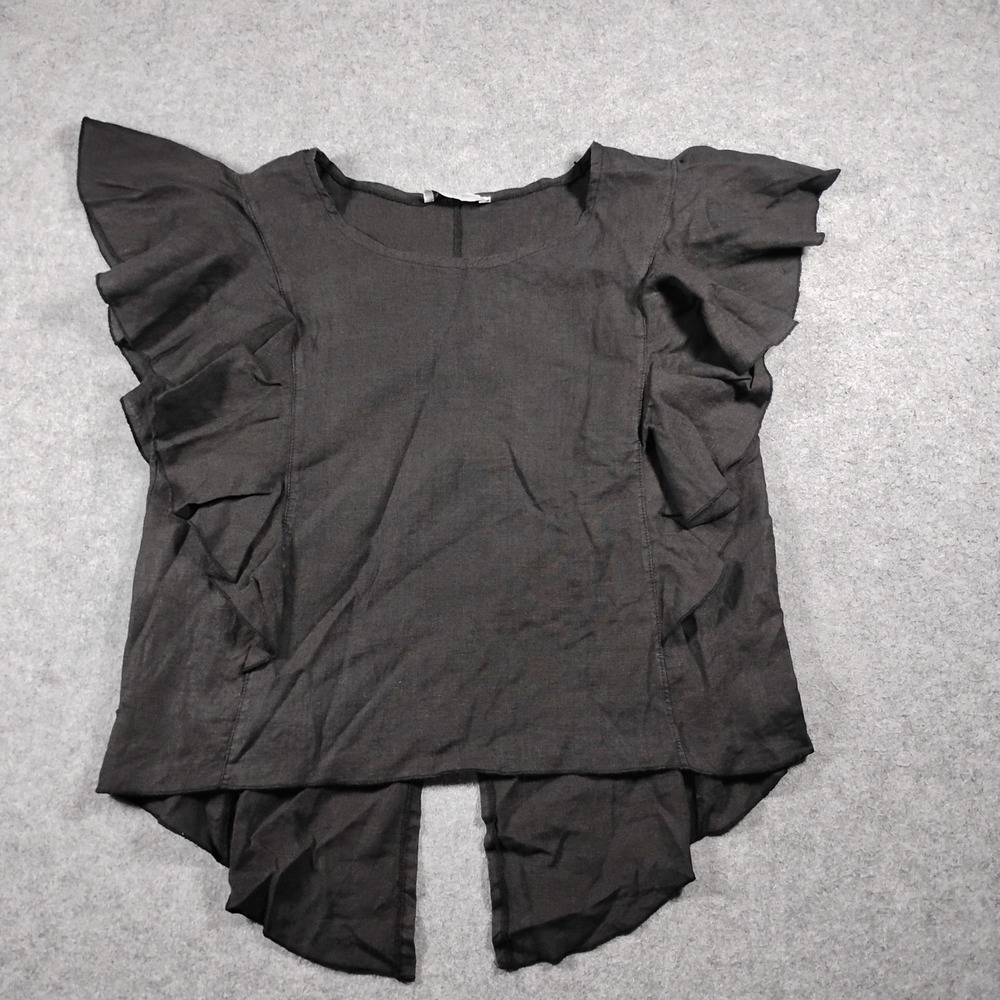 Velvet Blue Linen Ruffle Blouse Women's Size M/L Black Open Back Top